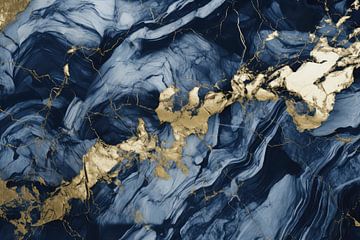 Marmer abstractie in navy blauw, goud en licht blauw van Digitale Schilderijen