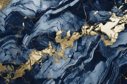 Marmer abstractie in navy blauw, goud en licht blauw