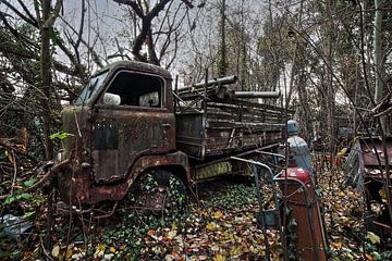 Urbex verlaten autobus in een overwoekerde tuin van Dyon Koning