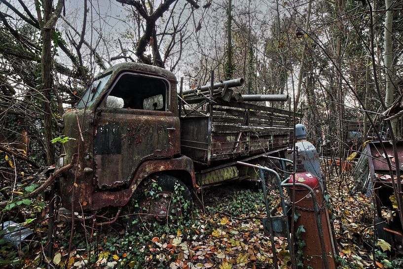 Verlassener Urbex-Bus in einem überwucherten Garten von Dyon Koning