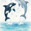 Dolfijn en Orka spelen samen in de zee (AI) (kinderkamer, vrolijk, aquarel, schilderij, dieren, kinderkunst, fantasie, lief) van Natalie Bruns