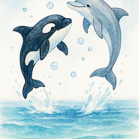 Dolfijn en Orka spelen samen in de zee (AI) (kinderkamer, vrolijk, aquarel, schilderij, dieren, kinderkunst, fantasie, lief) van Natalie Bruns