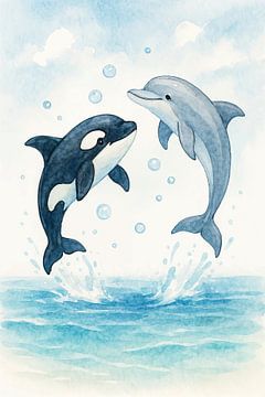 Delfin und Orca spielen zusammen im Meer (AI) (Kinderzimmer, glücklich, Aquarell, Gemälde, Tiere) von Natalie Bruns