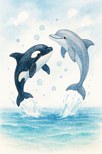 Dolfijn en Orka spelen samen in de zee (AI) (kinderkamer, vrolijk, aquarel, schilderij, dieren, kinderkunst, fantasie, lief)