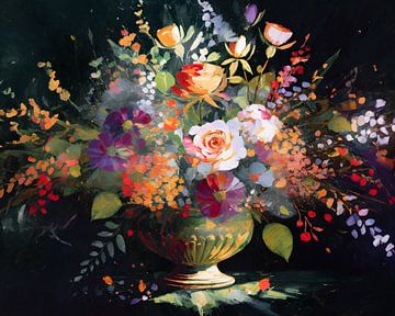 Arrangement de fleurs dans des couleurs chaudes avec de l'or 2 sur Pieternel Decoratieve Kunst