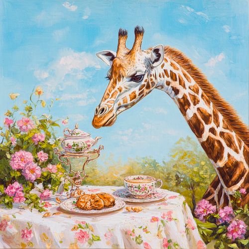 Grappige giraffe genietend van thee