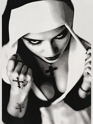 Gothic Nun Portrait with Cross Tattoos