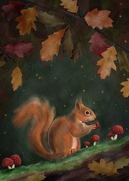 Autumn illustration of a squirrel in the forest by Yvette Baur