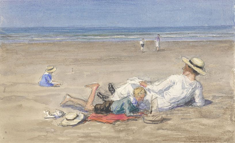 Ausruhendes Kindermädchen mit zwei Kindern am Strand, Johan Antonie de Jonge von Meisterhafte Meister