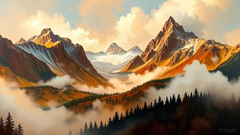 Landscape between winter and spring - mountains in a state of suspension: glaciers, forests and clouds in a dialogue between duration and transience