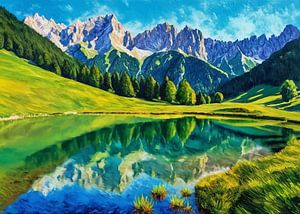 Blick auf die Geisleralm und den Teich