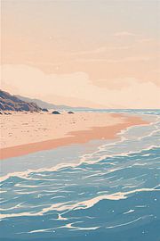 Wandbild mit ruhiger Küstenlandschaft – Minimalistische Illustration von Meereswellen und Sandstrand in Pfirsich- und Blautönen von VICTOR S