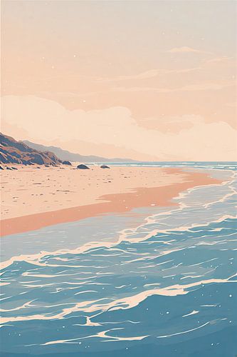 Serene Coastal Beach Landscape Wall Art - Minimalist Ocean Waves and Sandy Shore Illustration in Peach and Blue