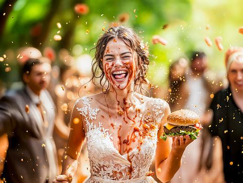 een lachende bruid die een hamburger vasthoudt tijdens een voedselgevecht