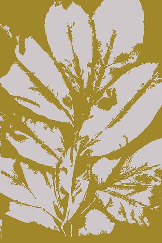 Wabi-Sabi Botanisch: Gedrukte witte bladeren op geel.