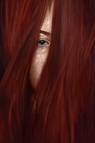 Intrigerende Vrouw Met Rode Lokken en Hypnotiserend Groen Oog: Betoverende Fotografie