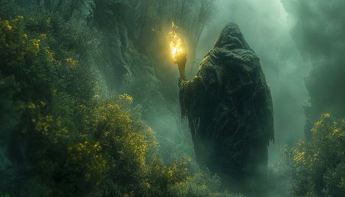 Mystieke wandelaar in de mistige rotsvallei