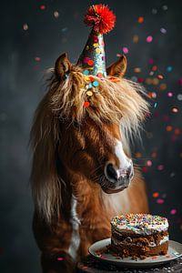 Lustiges Pferd mit Partyhut und Kuchen