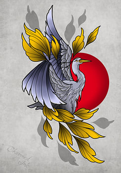 ⁠Silver Heron with a Red Sun and Golden Leaves⁠