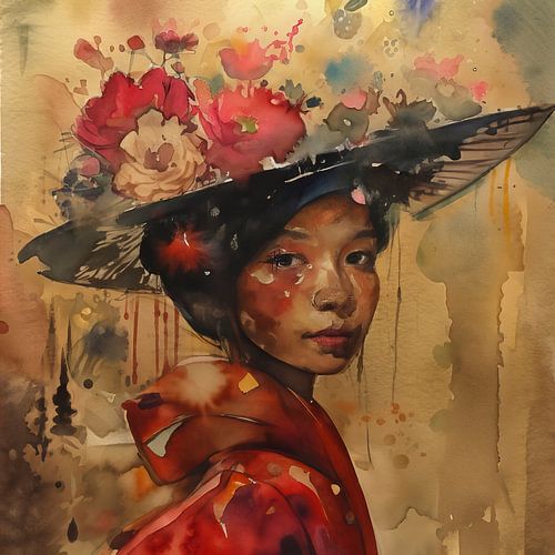 Aziatisch vrouwenportret met bloemenhoed – aquarel schilderij 