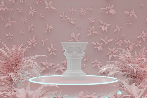 Korinthische zuil op sokkel omringd door roze tropische planten