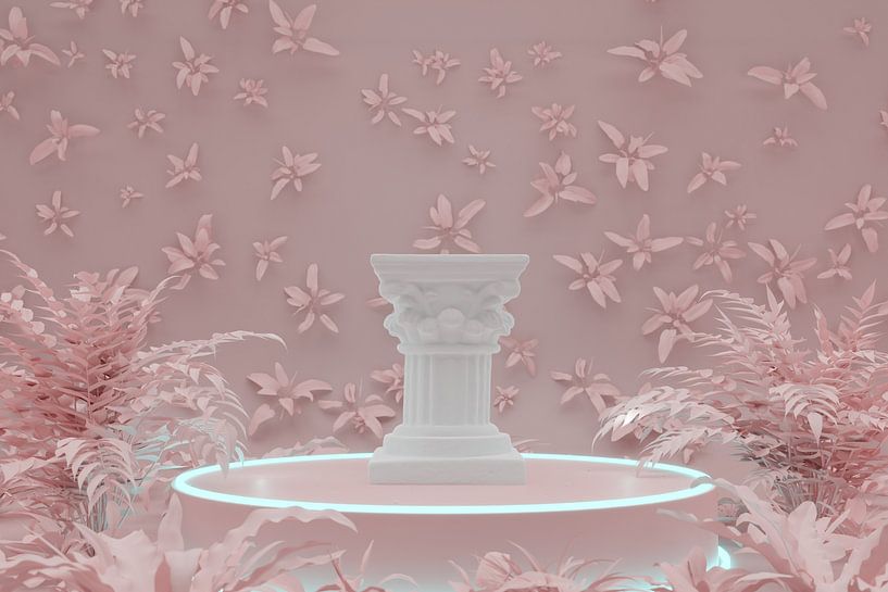 Corinthian column on pedestal surrounded by pink tropical plants by Besa Art