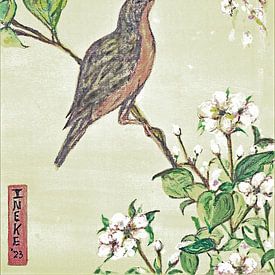 Japanse kunst/ Vogel met kersenbloesem/ Aquarel van Ineke de Rijk