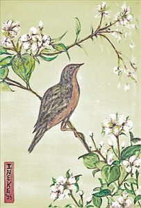 Japanische Kunst/ Vogel mit Kirschblüte/ Aquarell