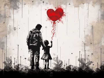 Illustration numérique inspirée de Banksy : Groupe père-fille sur Dream Designs art work