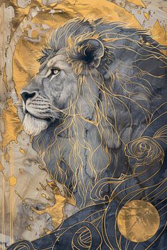 Le lion d'or, un art numérique élégant pour le mur sur Digitale Schilderijen