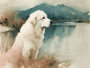 Lake Watcher | Pyrenean Mountain Dog at Mountain Lake