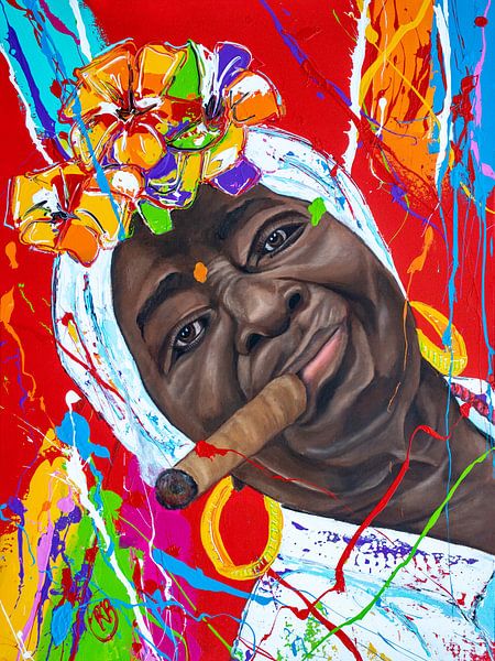 Cubaanse vrouw met sigaar III van Happy Paintings / Renata Rolefes