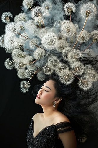 vrouw met pluisbloemen