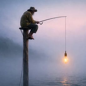 Fischer mit Licht über nebligem Wasser von But First Framing