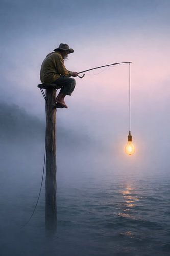 Fischer mit Licht über nebligem Wasser