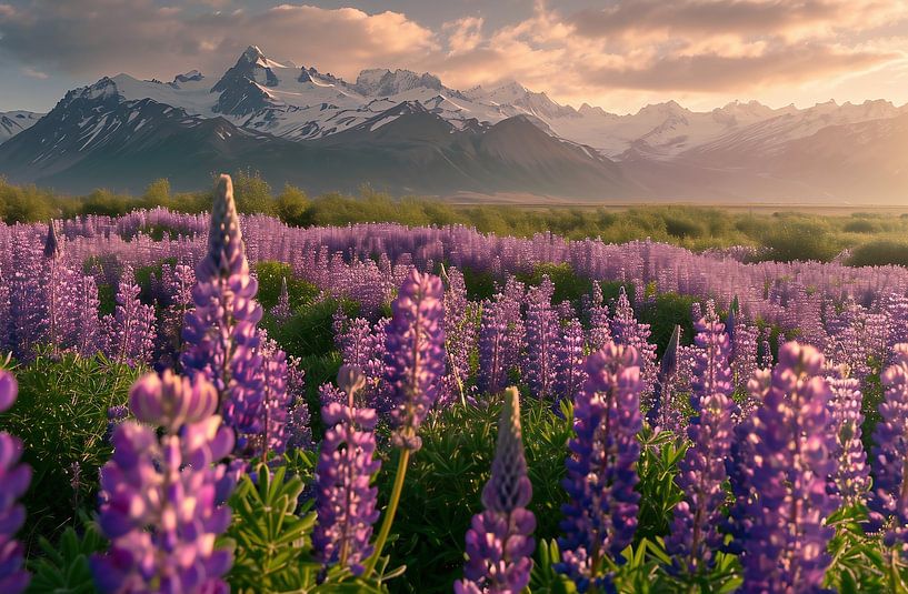 Lupinen bij zonsondergang van fernlichtsicht