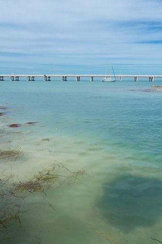 USA, Florida, Overzeese snelwegbrug met zeilboot in helder water