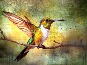 Warm en sfeervol Schilderij van een Kolibrie op tak van Studio Pieternel