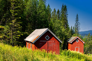 Sommer in Norwegen mit roten Scheunen