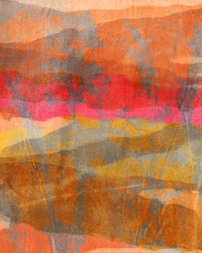 Modern abstract botanical. Flowers in warm grey on neon pink, yellow, orange by Dina Dankers