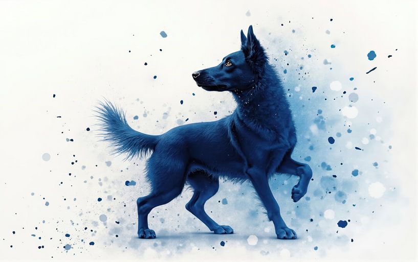 Digital Rendering of a Blue Dog on a Blue-Splashed Background by Markus Gann