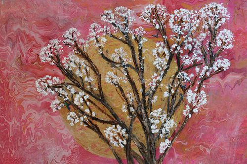 Japandi painting, blossom tree.
