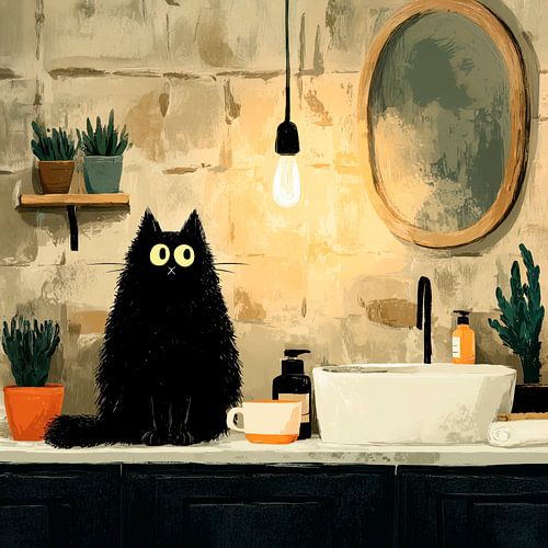 Chat noir Endroit secret près du lavabo