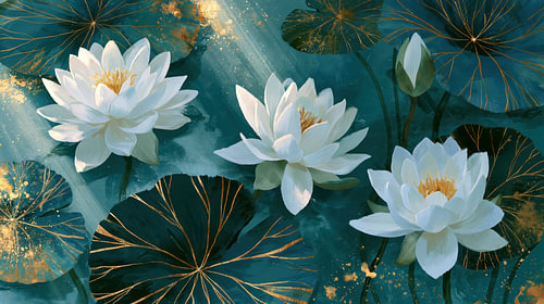 Schwimmende Lotusblüten – Modern-organisch mit Goldader