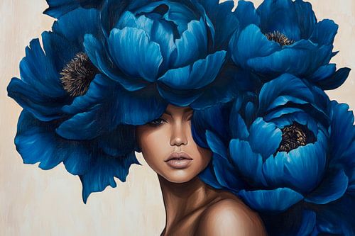 Vrouw met blauwe bloemen - Dromerige elegantie