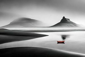 Rotes Boot in futuristischer Kuestenlandschaft-01-23