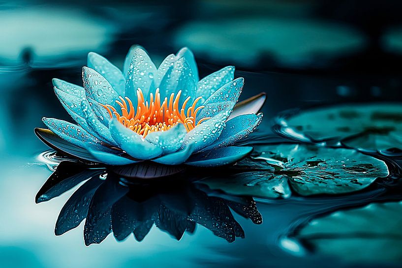Blue lotus with water drops by Art & Soul Creations