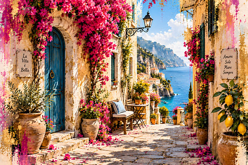 Mediterrane Gasse mit Bougainvillea & Meerblick | Italienische Küstenidylle mit Zitronen | Poster Querformat
