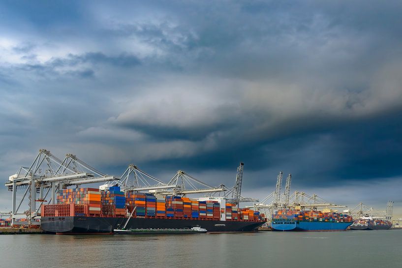 Vrachtschepen met zeecontainers bij een containerterminal in Rotterdam van Sjoerd van der Wal Fotografie