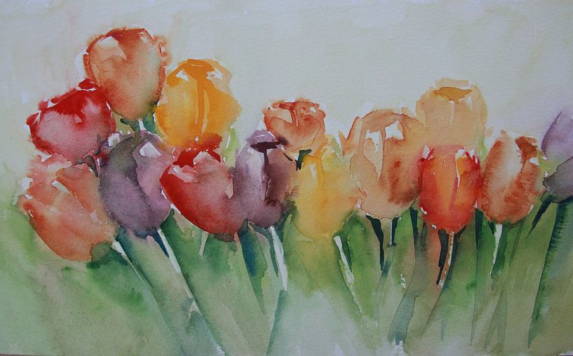 Aquarelle Champ avec tulipes par Anja Zinken Bertens